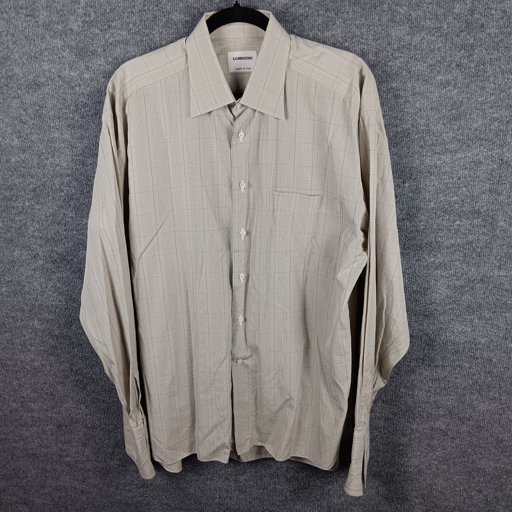Lorenzini Mens Dress Shirt Italy Beige Windowpane Check Point 17 Neck 43 Sleeve